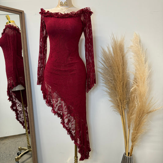 Off Shoulder Lace Dress-Burgundy