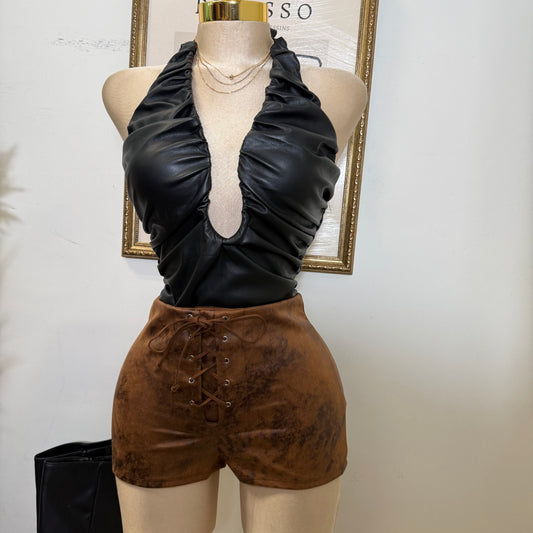 Tie Front Suede Shorts-Chocolate