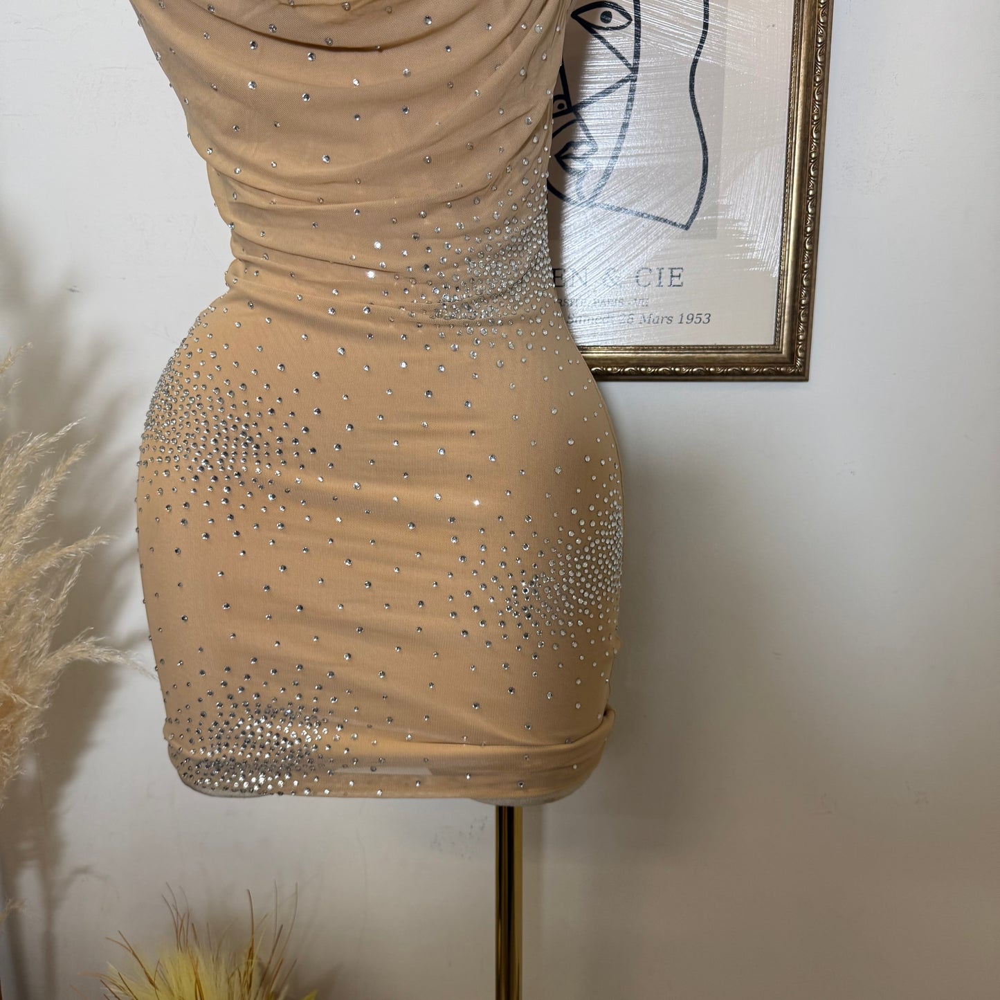 Rhinestone Power Mesh Cowl Neckline Mini Dress Halter Neck Open Back-Nude
