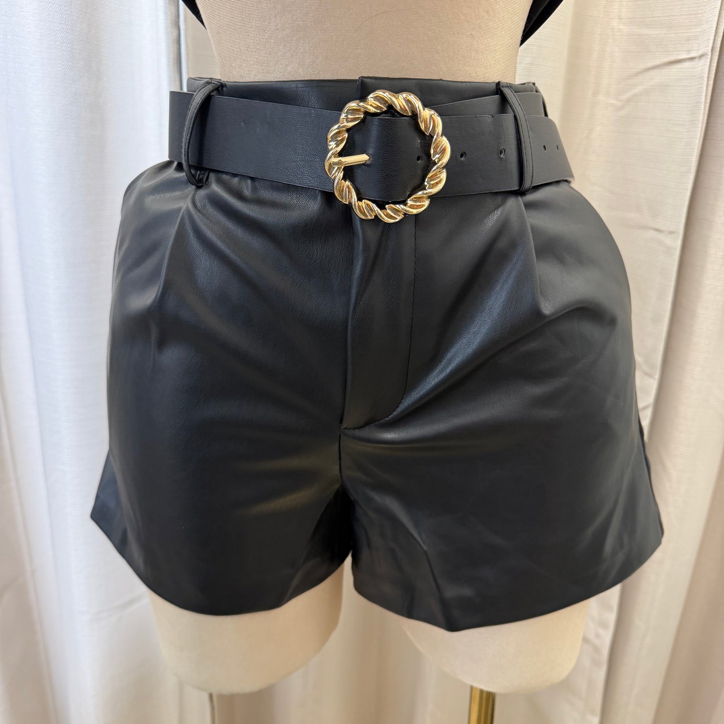 Belted Faux Leather shorts-Black