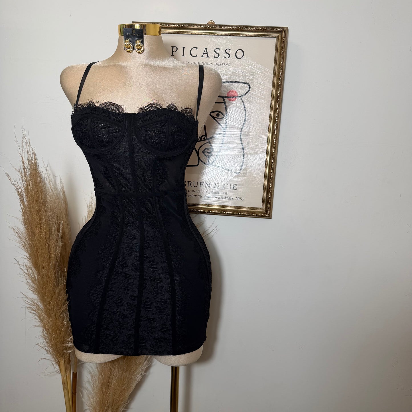 Lace Mesh Dress-Black