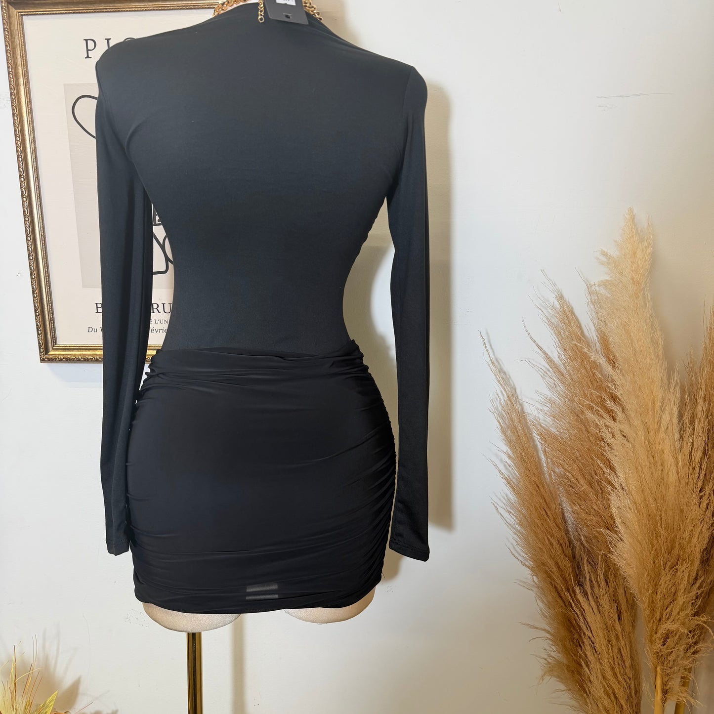 Mixed Media Long Sleeve Ruched Mini Dress-Black