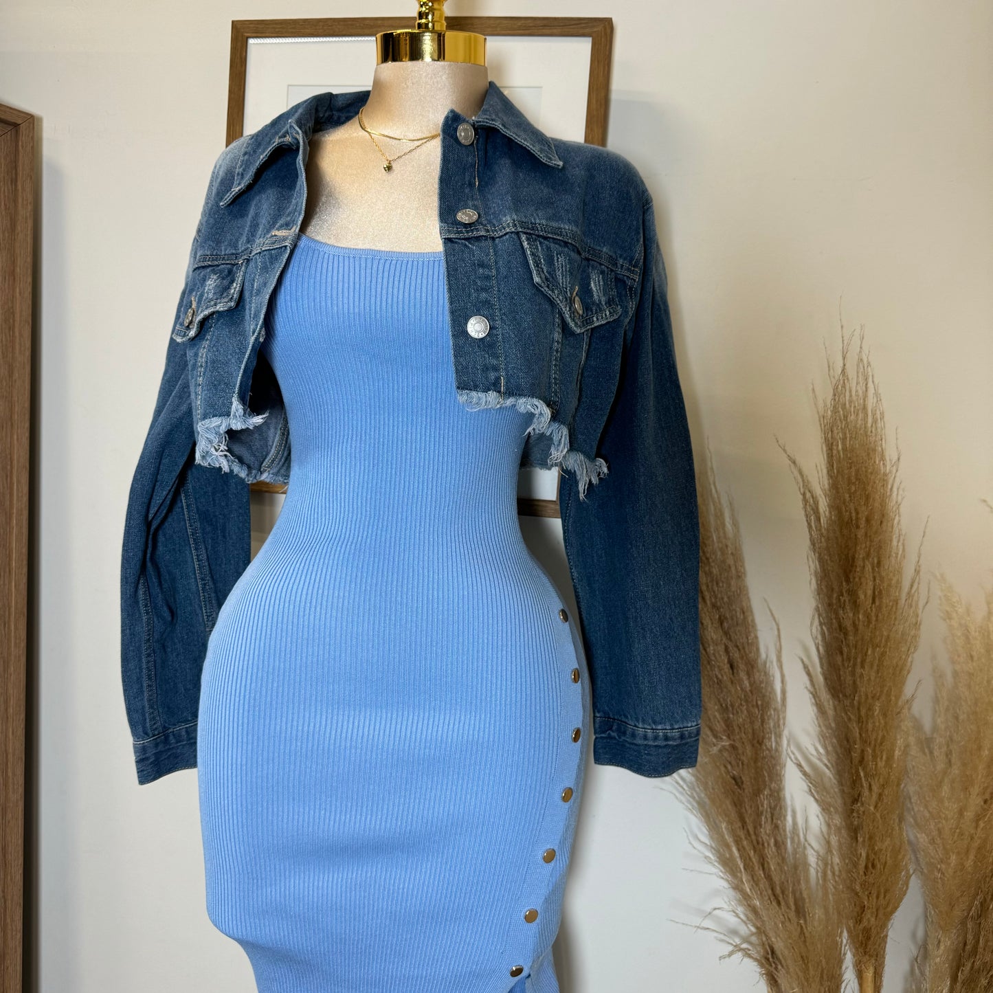 Cielito Open Slit Ribbed Midi Dress-Blue