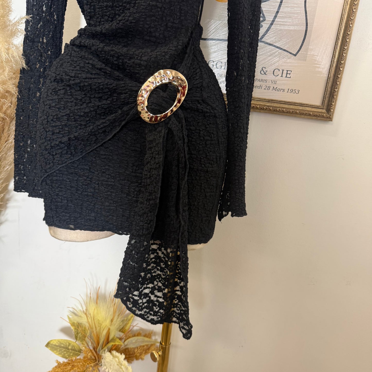 Long Sleeve Gold Detail Dress-Black