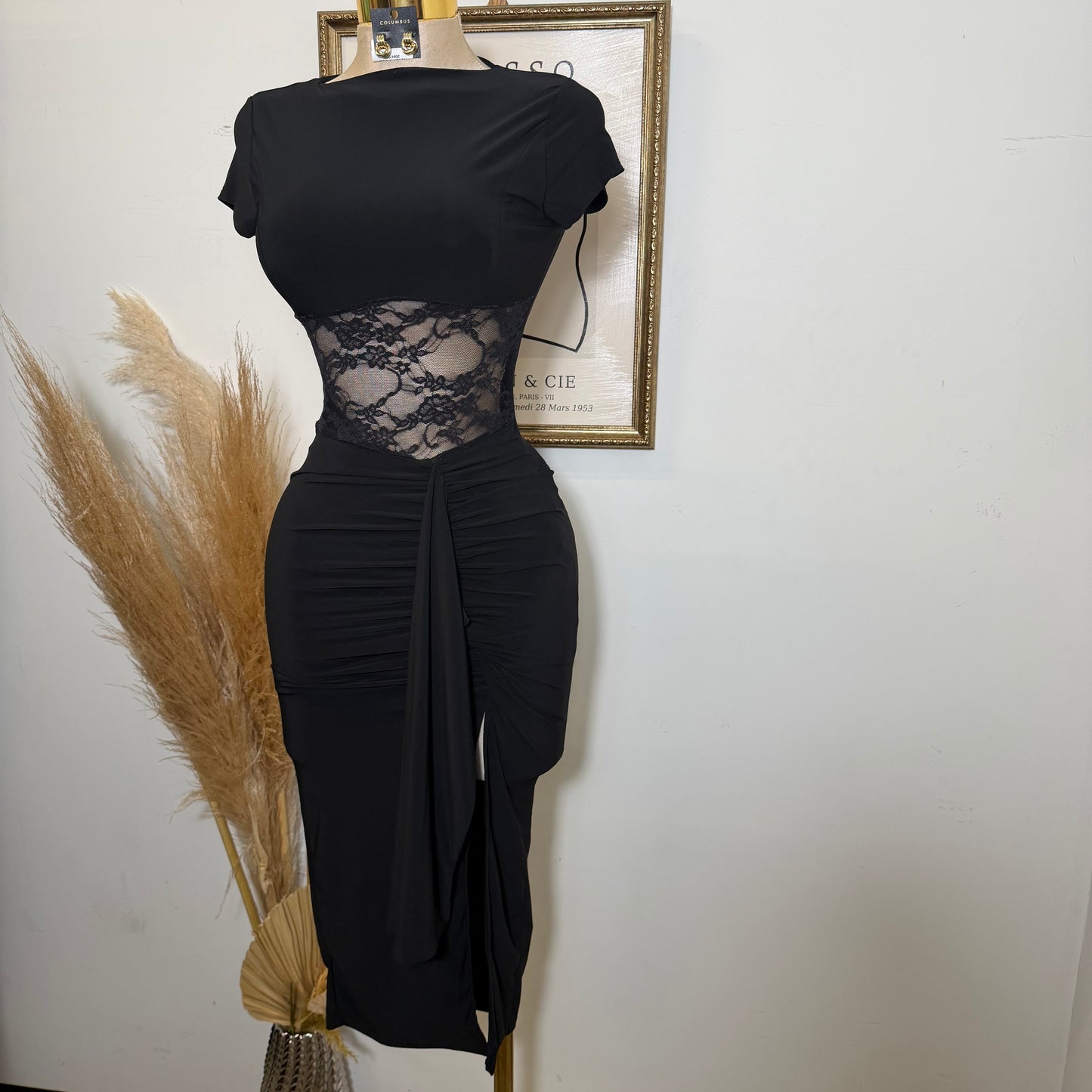 Lace Waist Contrast Midi Dress-Black