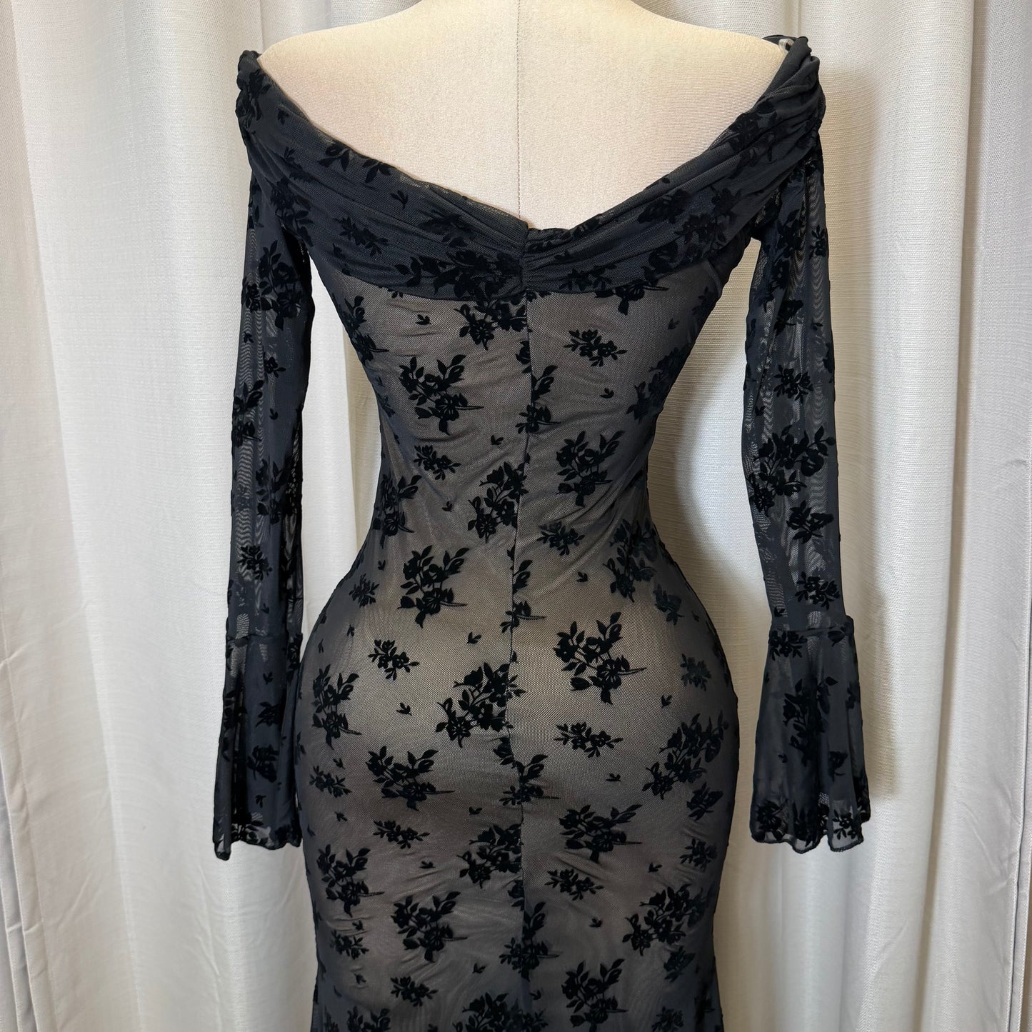 Flocked Long Sleeve Mesh off shoulder maxi Dress-Black/Nude