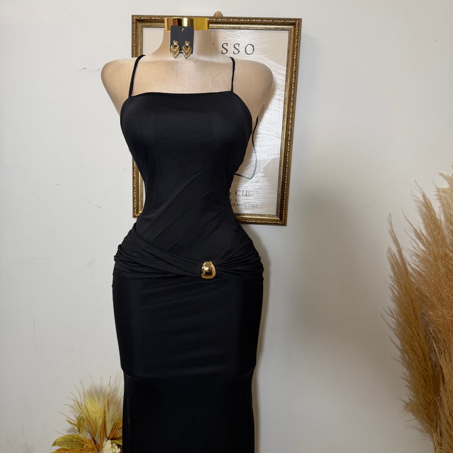 Solid Mesh Back Criss Cross Maxi Dress-Black