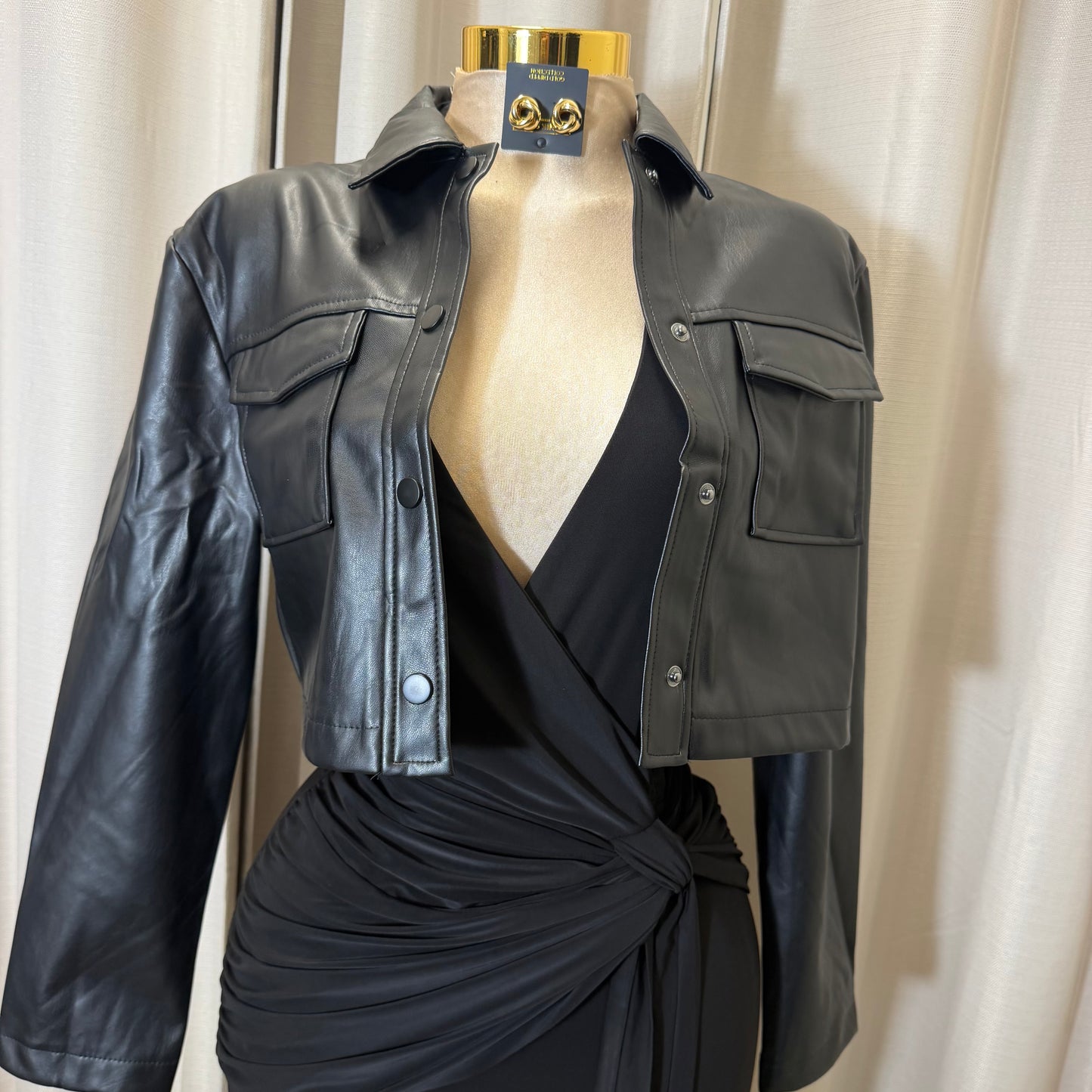 PU Leather Cropped Jacket-Black