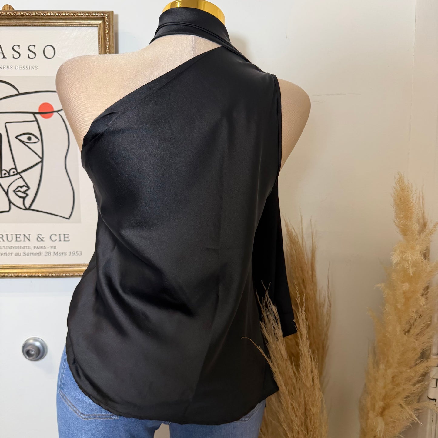 One Shoulder Satin Top w/ Scarf Detail-Black