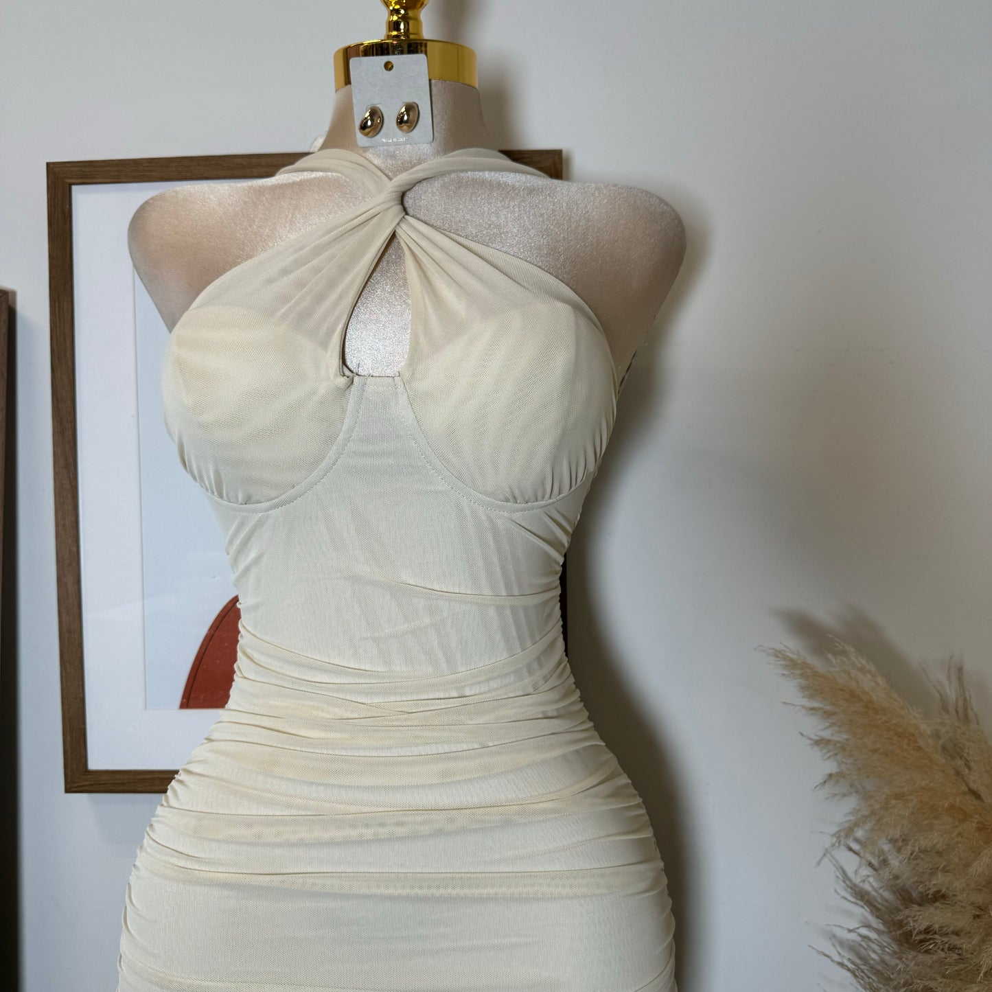 Inara Mesh Twist Halter Neck Midi Dress-Ivory1