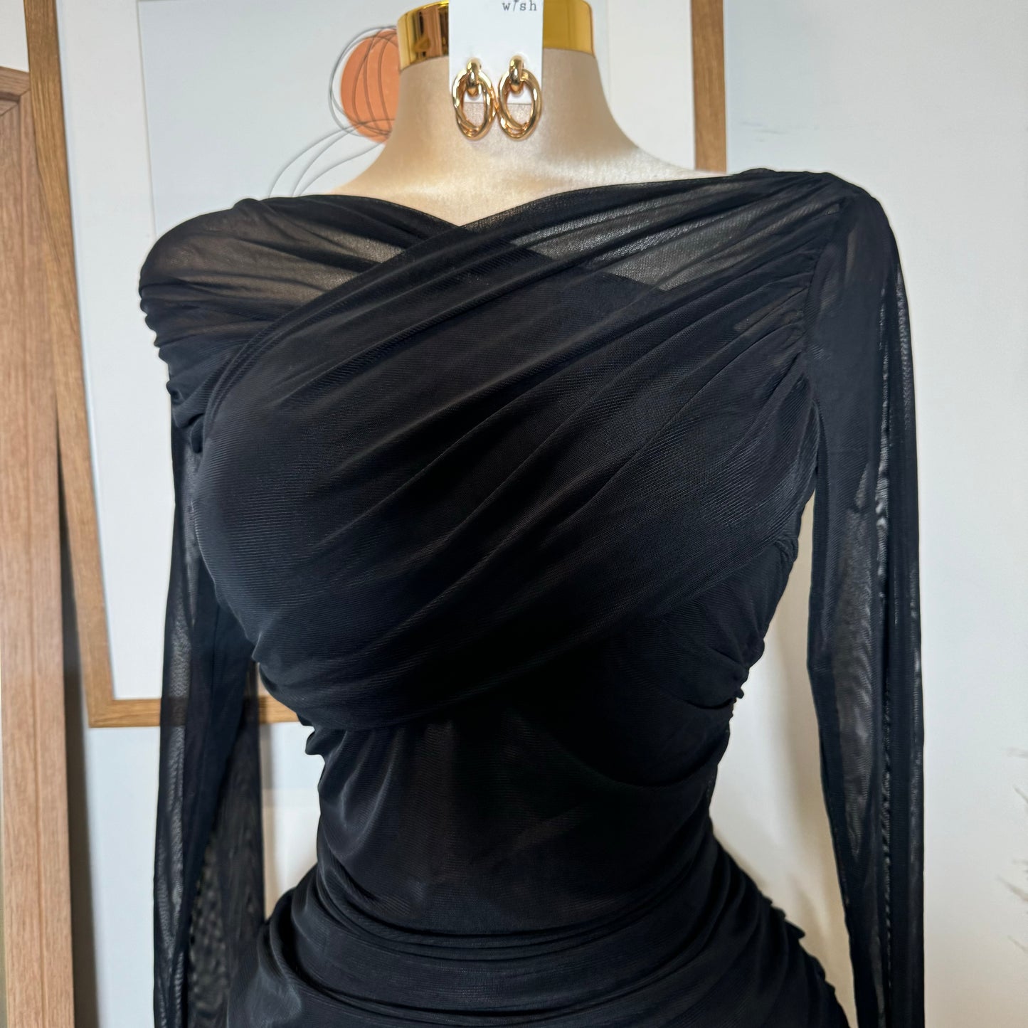 Long Sleeve Mesh Surplus Front Ruched Midi Dress-Black