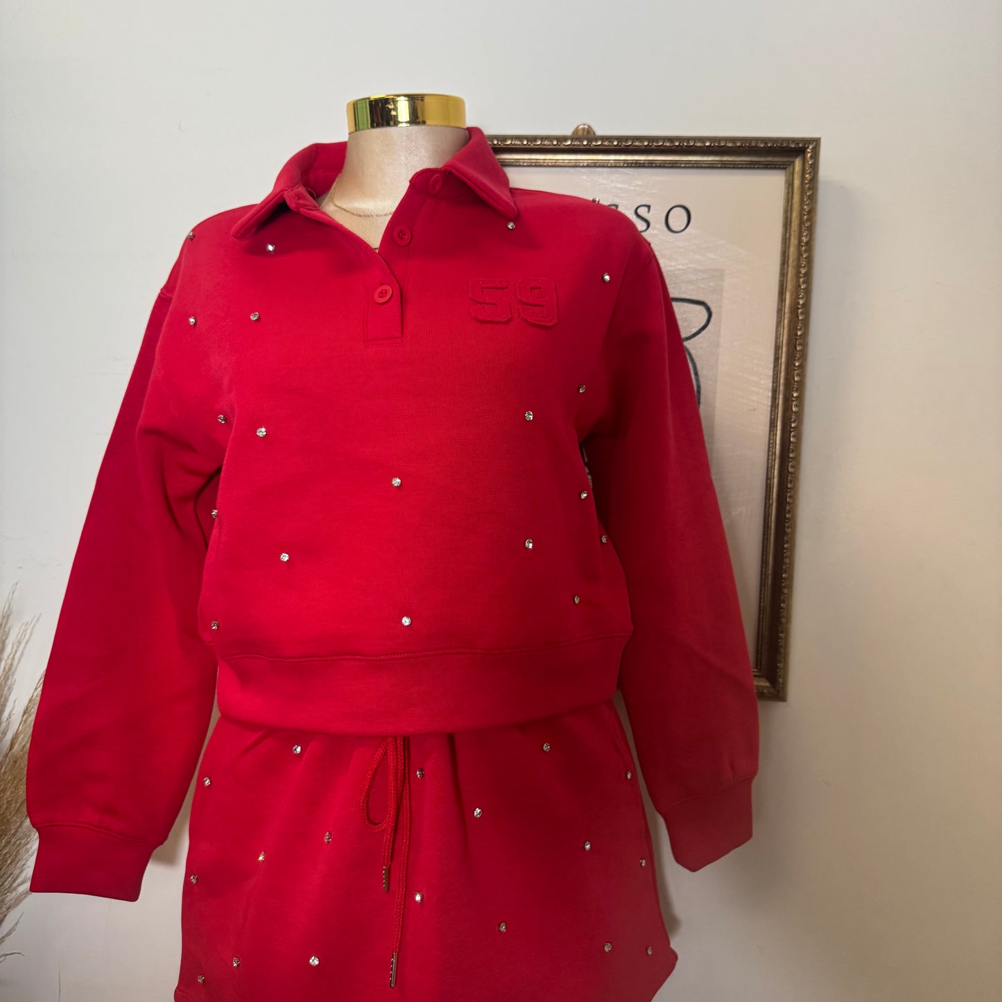Long Sleeve Embellish scuba Polo Set-Red