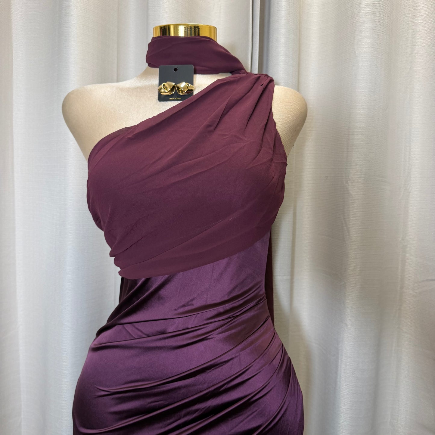 Pearl Satin with Chiffon Sash one Shoulder Dress-Plum