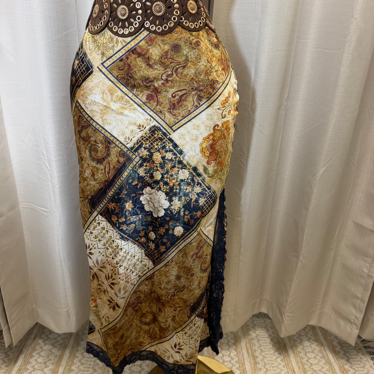 Printed Satin Lace trim Slip Dress-Brown Combo