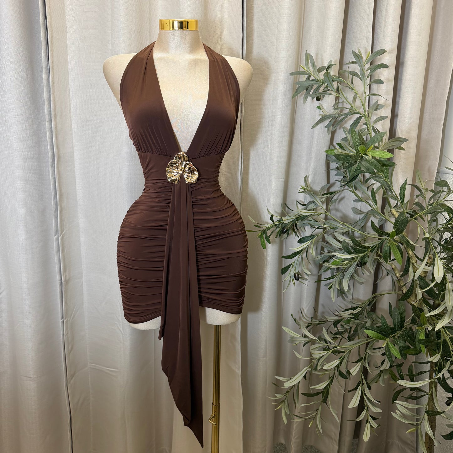 Orchid Halter Ruched front panel Mini Dress-Brown