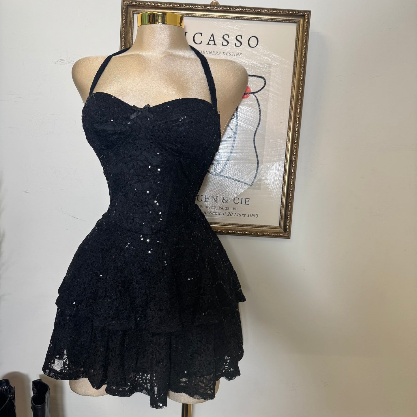 Sequined Halter Mini Dress with Tiered Skirt-Black