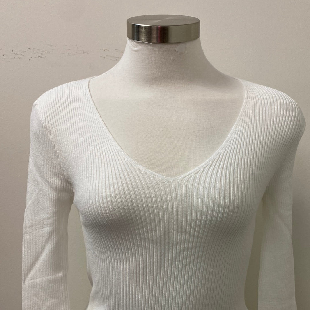 V neck Sweater Top-White