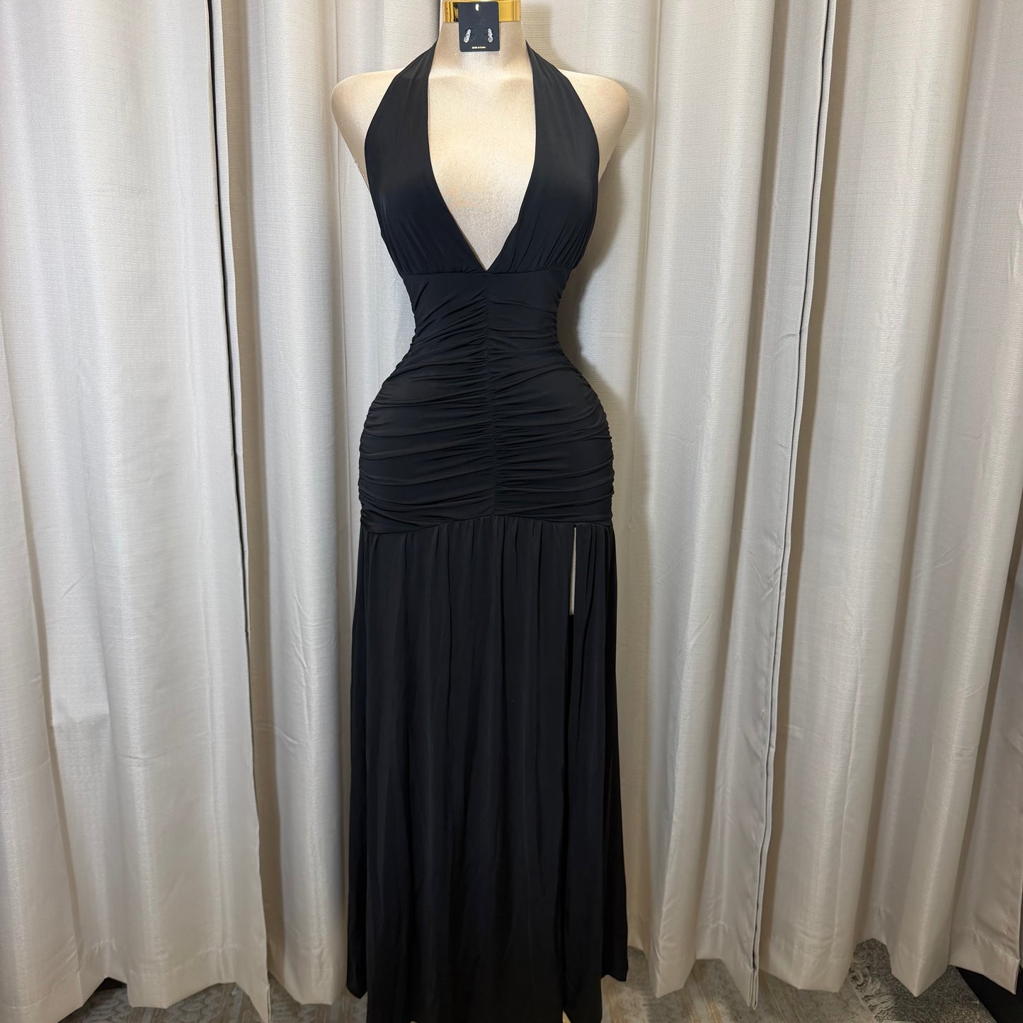 Halter Plunging Neckline Ruched Maxi Dress-black
