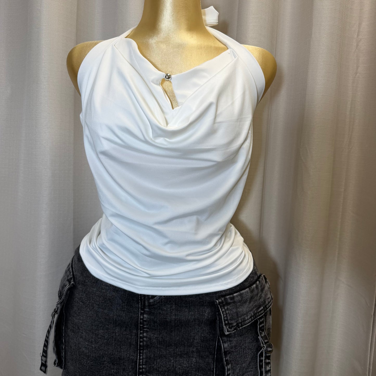 PL-Halter neck cowl top-White