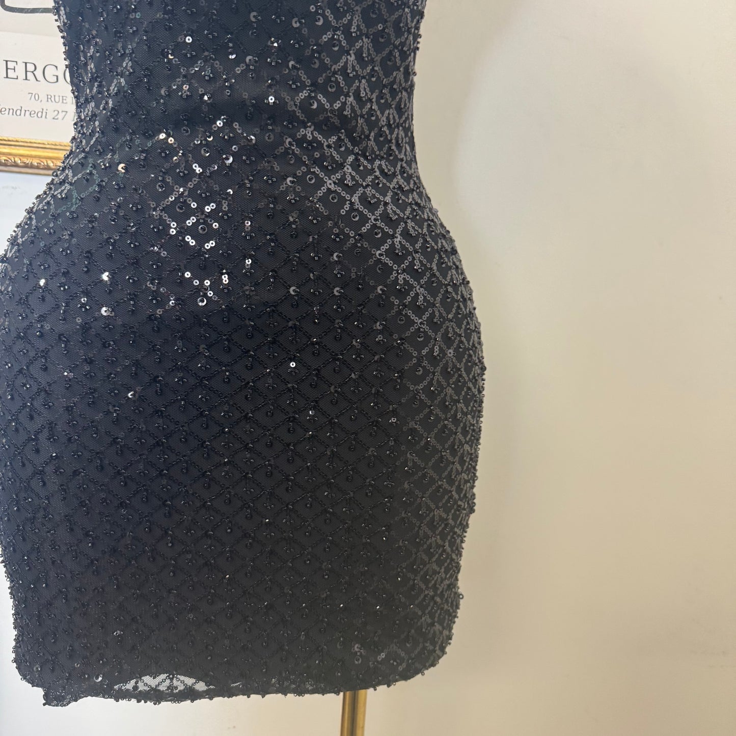 Beads and Sequins Pleated Bodycon Mini Dress-Black
