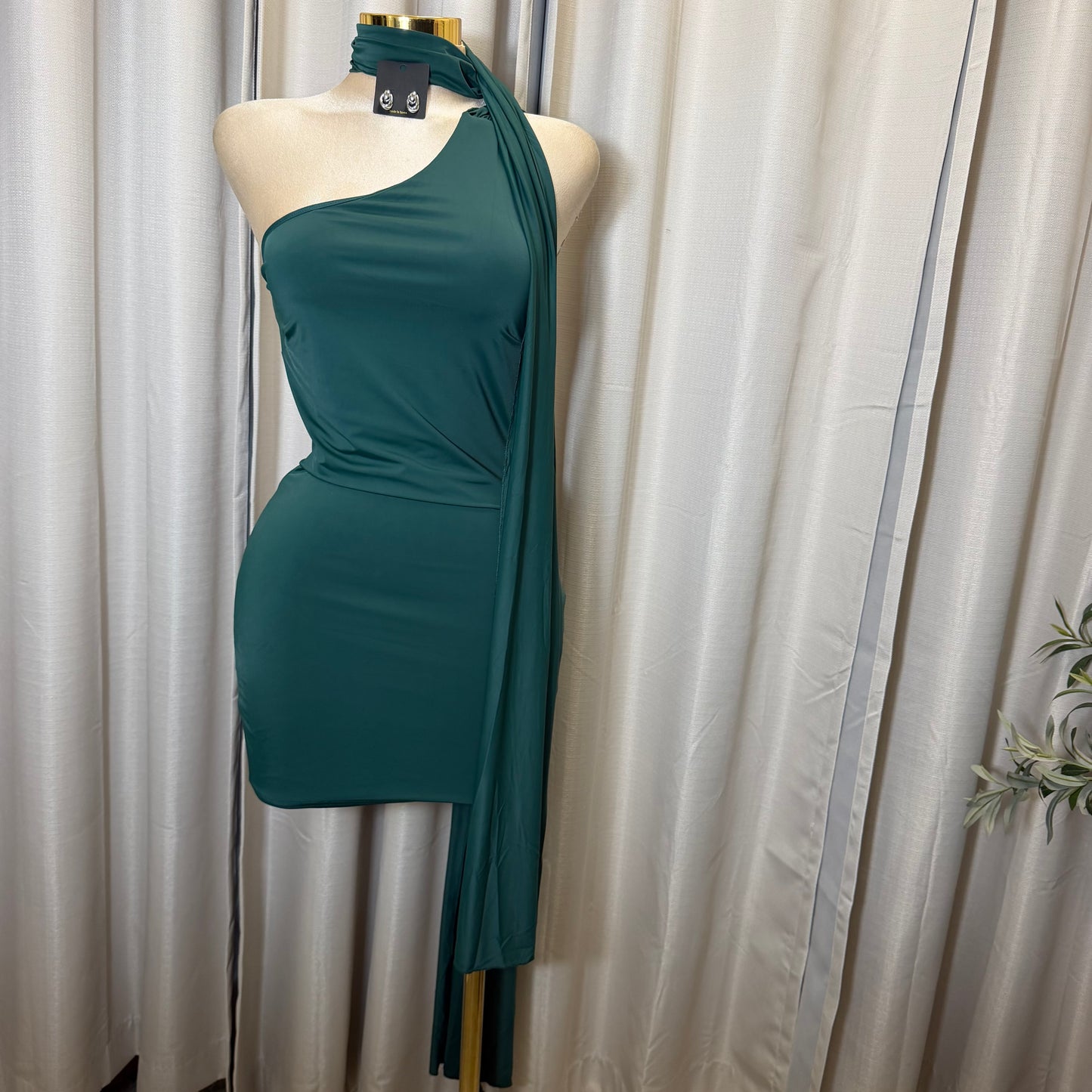 Thin Soft knit with scarf Dress-Hunter Green