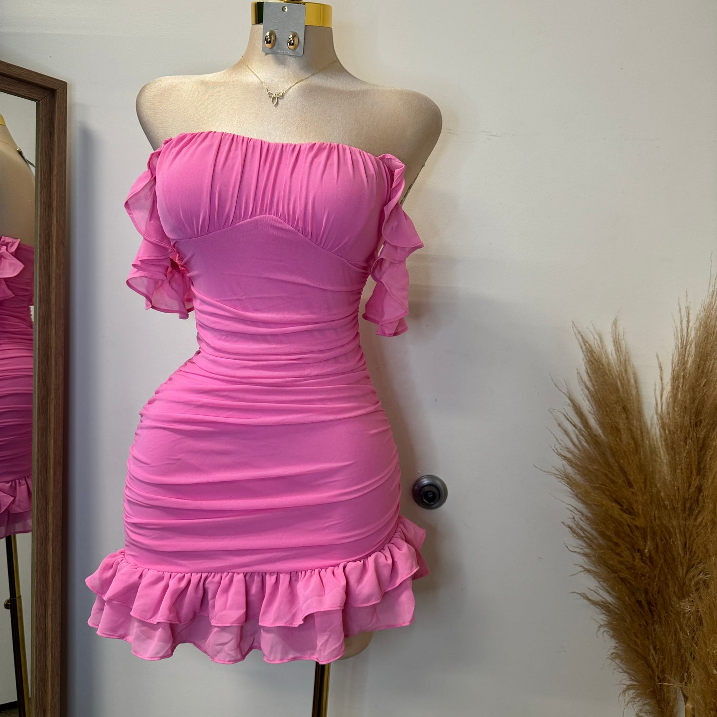 Annalise  Off Shoulder Mesh Asymmetrical Ruffle Hem Dress-Pink