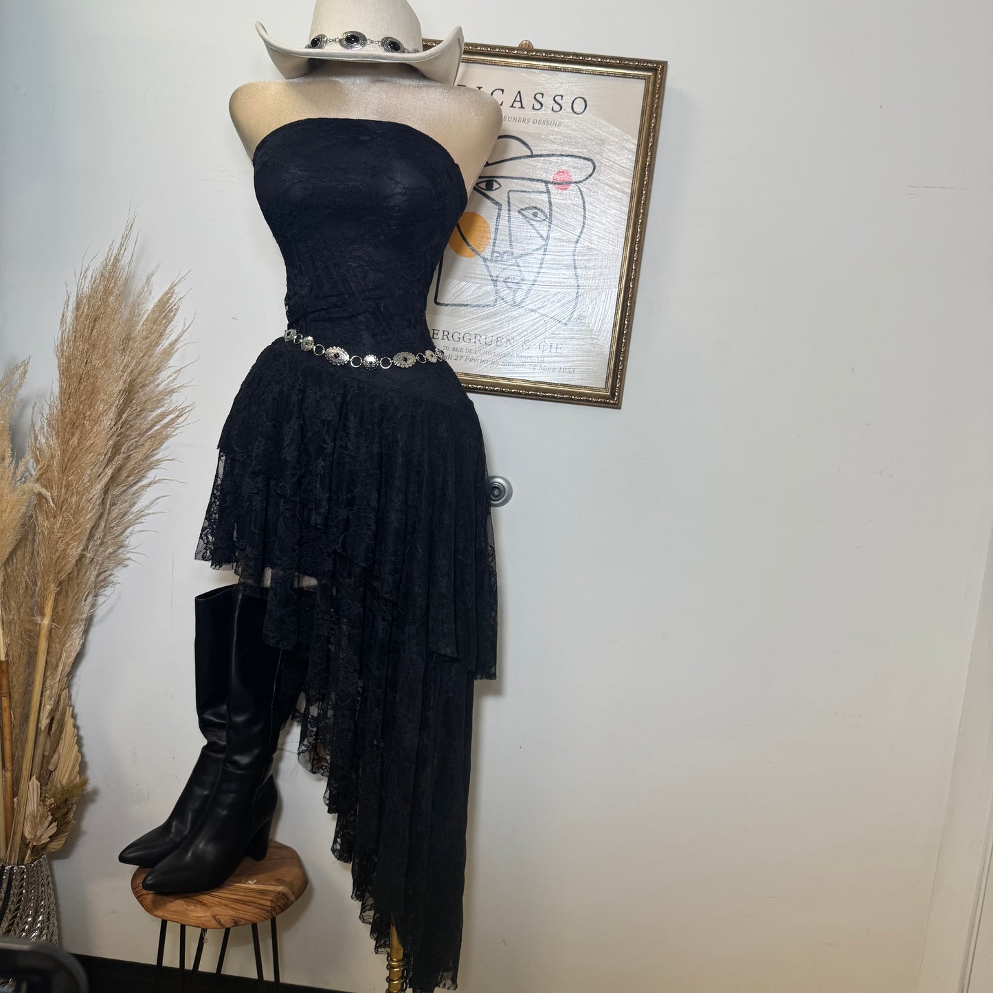 Lace Double Layer Ruffle Asymmetrical Maxi Dress-Black