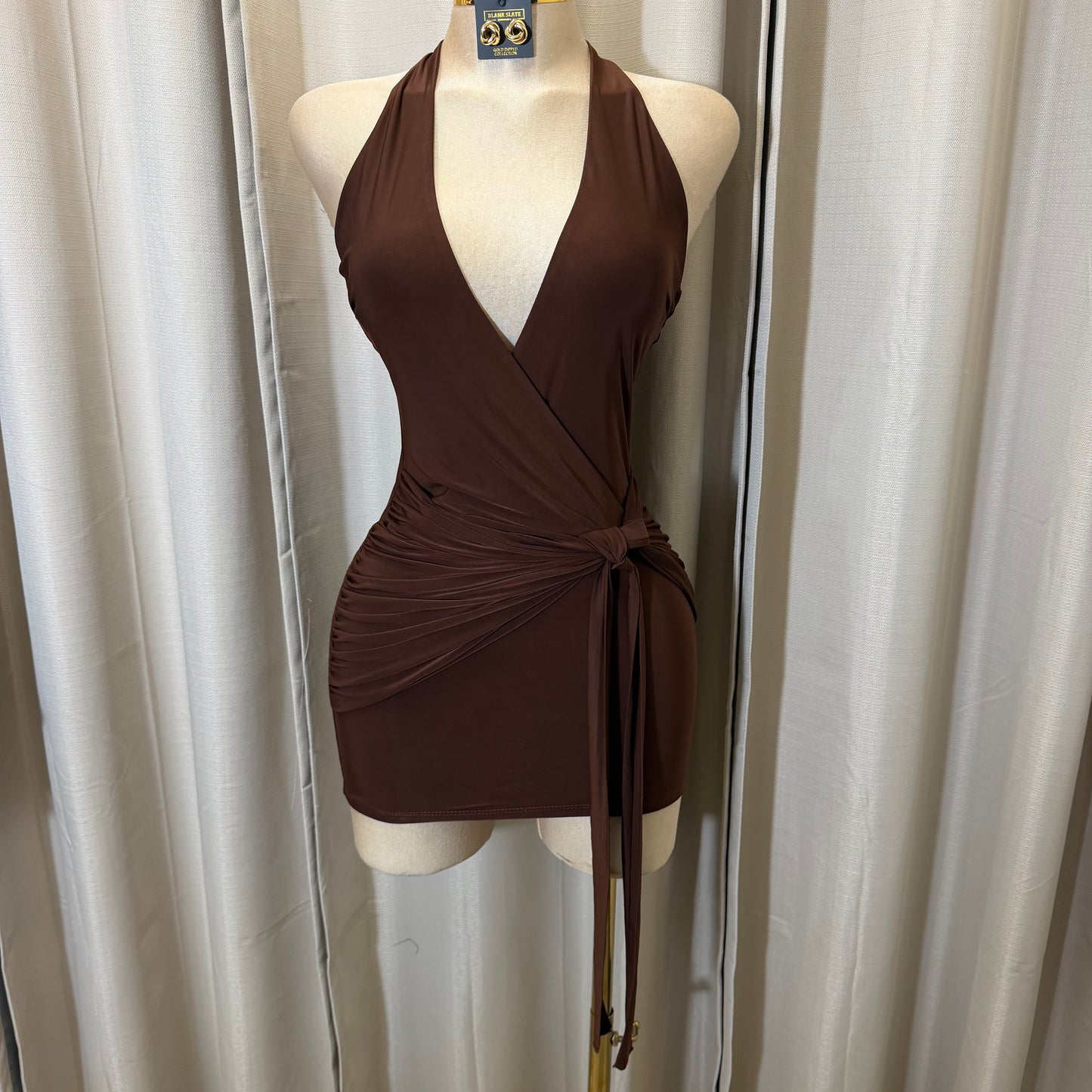 Halter Plunge V-Neck Mini Dress-Brown