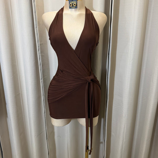Halter Plunge V-Neck Mini Dress-Brown
