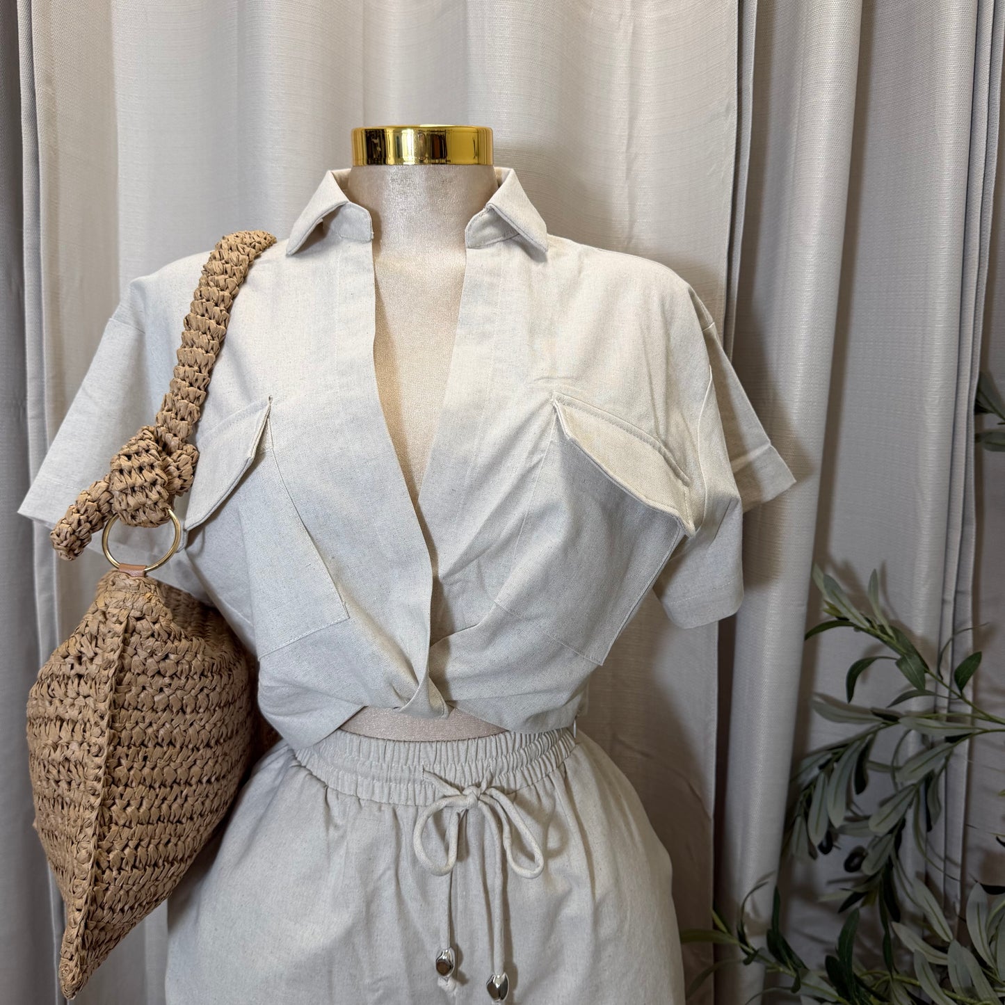 Front twist Top and wide leg pant Set-Beige