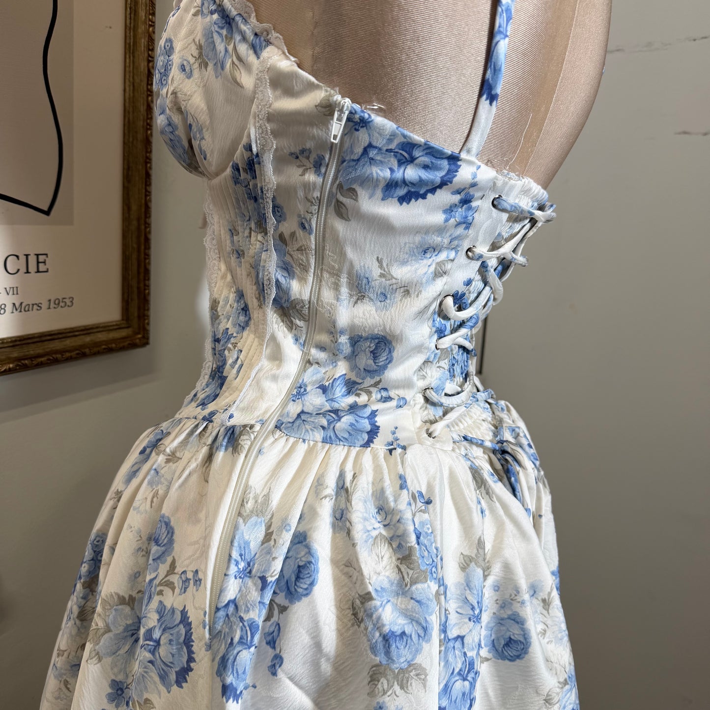 Corset Back Jacquard Mini Dress-Peach/Blue