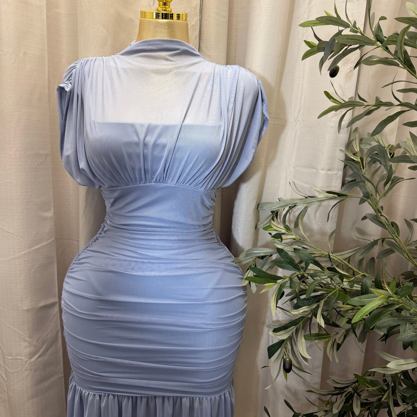 Mesh & Knit Mix Long Dress-Light Blue