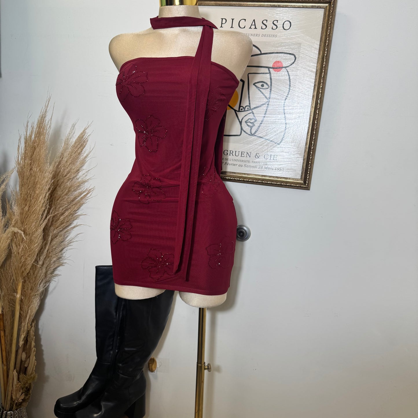 Tube Mini Dress With Scarf-Burgundy