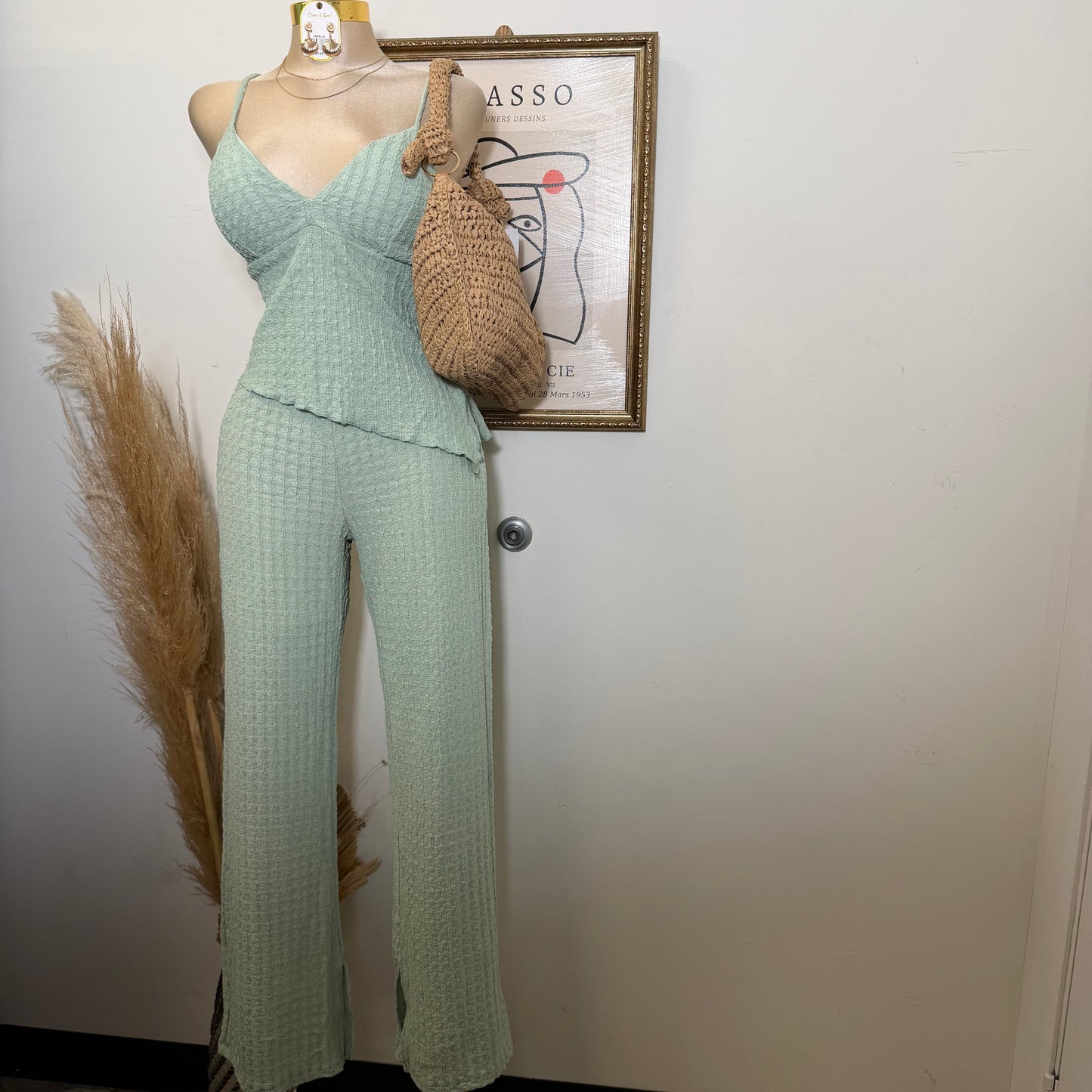 Merrow Asymmetric Hem Top and Pant Set-Sage