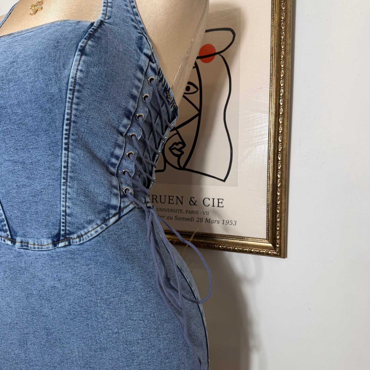 HALTER NECK SIDE LACE-UP DENIM MINI DRESS