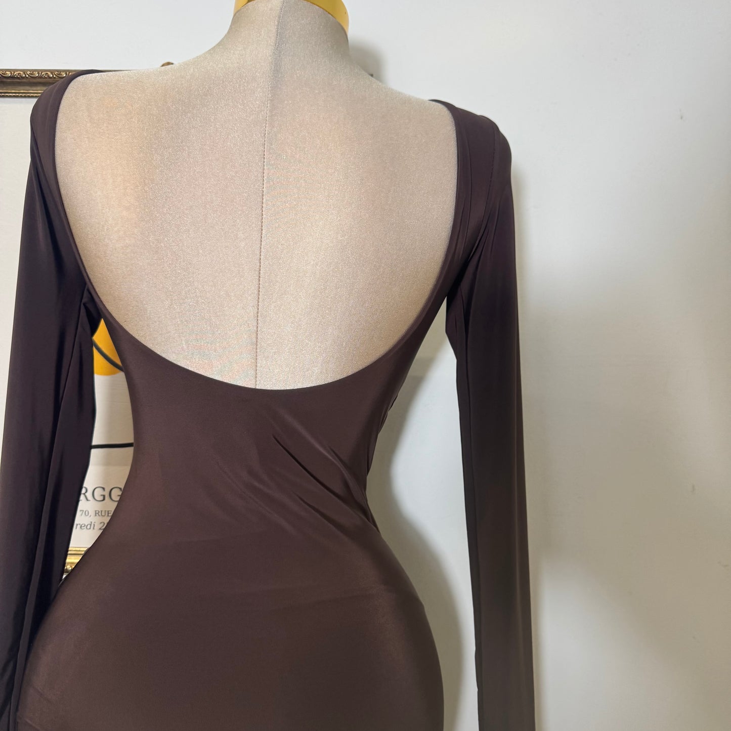 Long sleeve Drape Mini Dress-Brown
