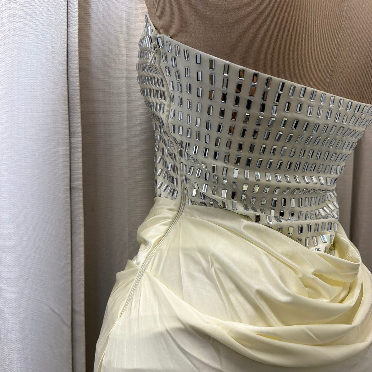 Rectangle Rhinestone satin mermaid maxi Dress-Ivory