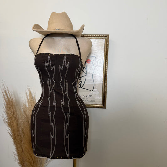 Stretch Embroidered Western Mini Halter Dress-Brown