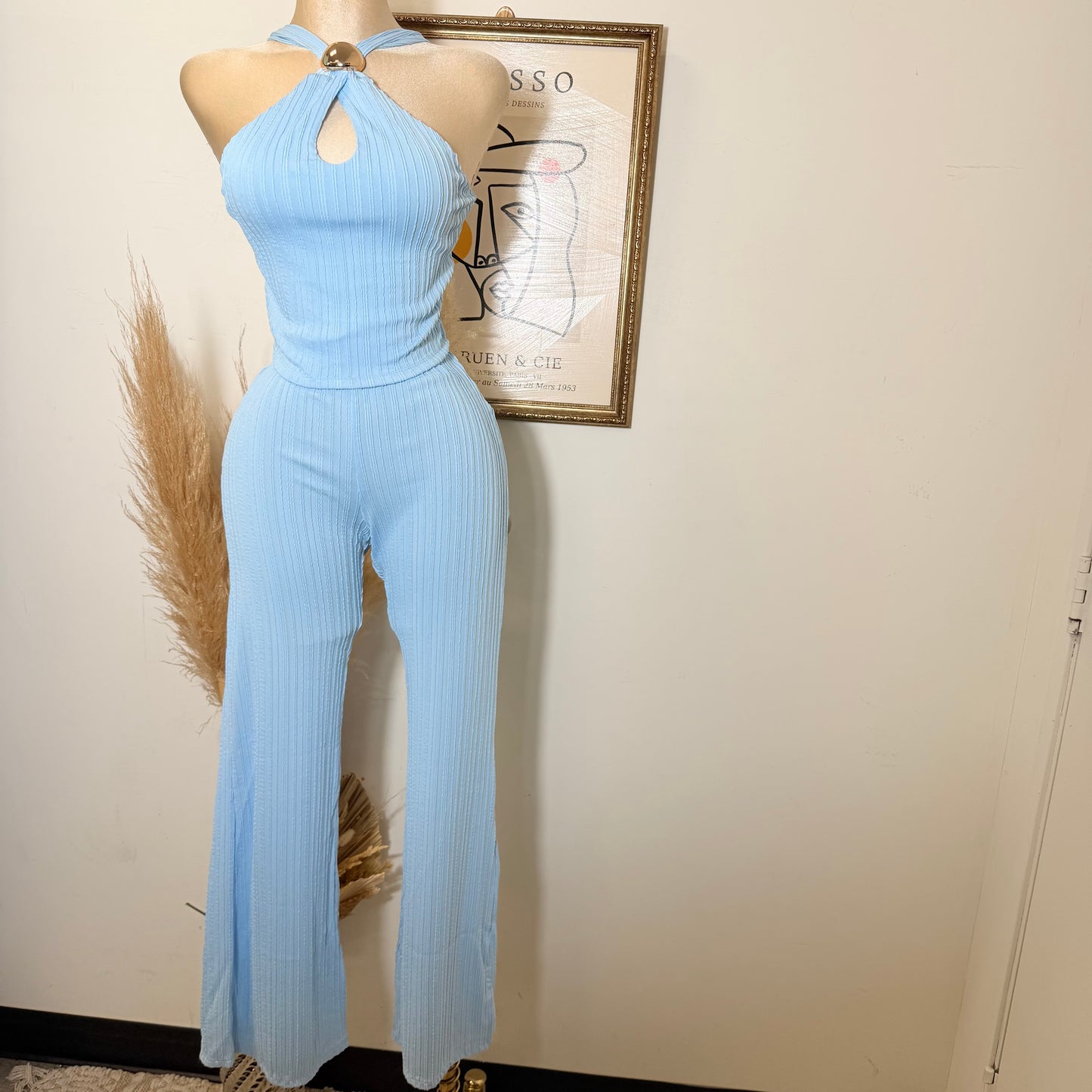 Front Cut Out Jewel Decor Halter Style Top and Pant Set-Baby Blue
