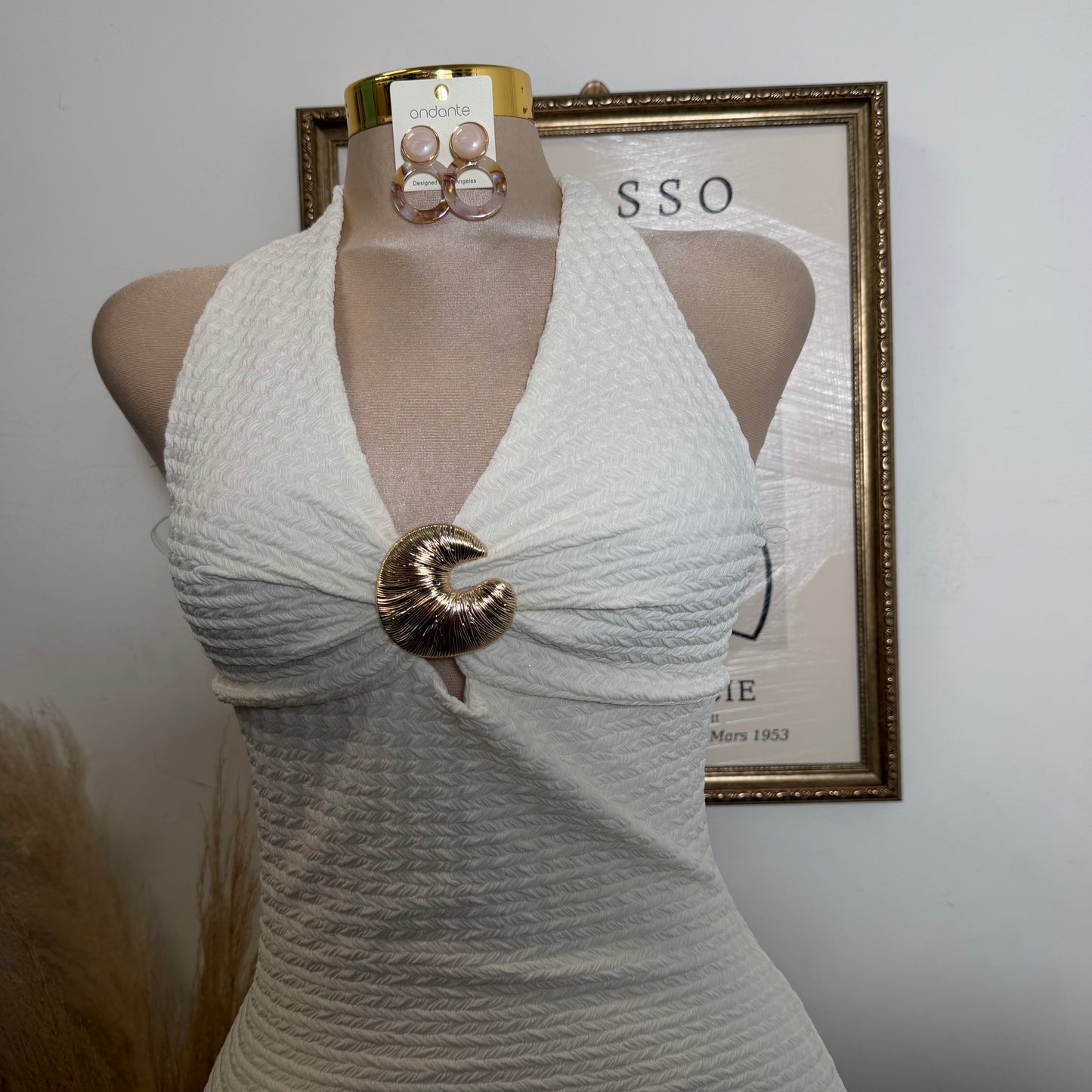 Textured Back Cross Mini Dress-Ivory