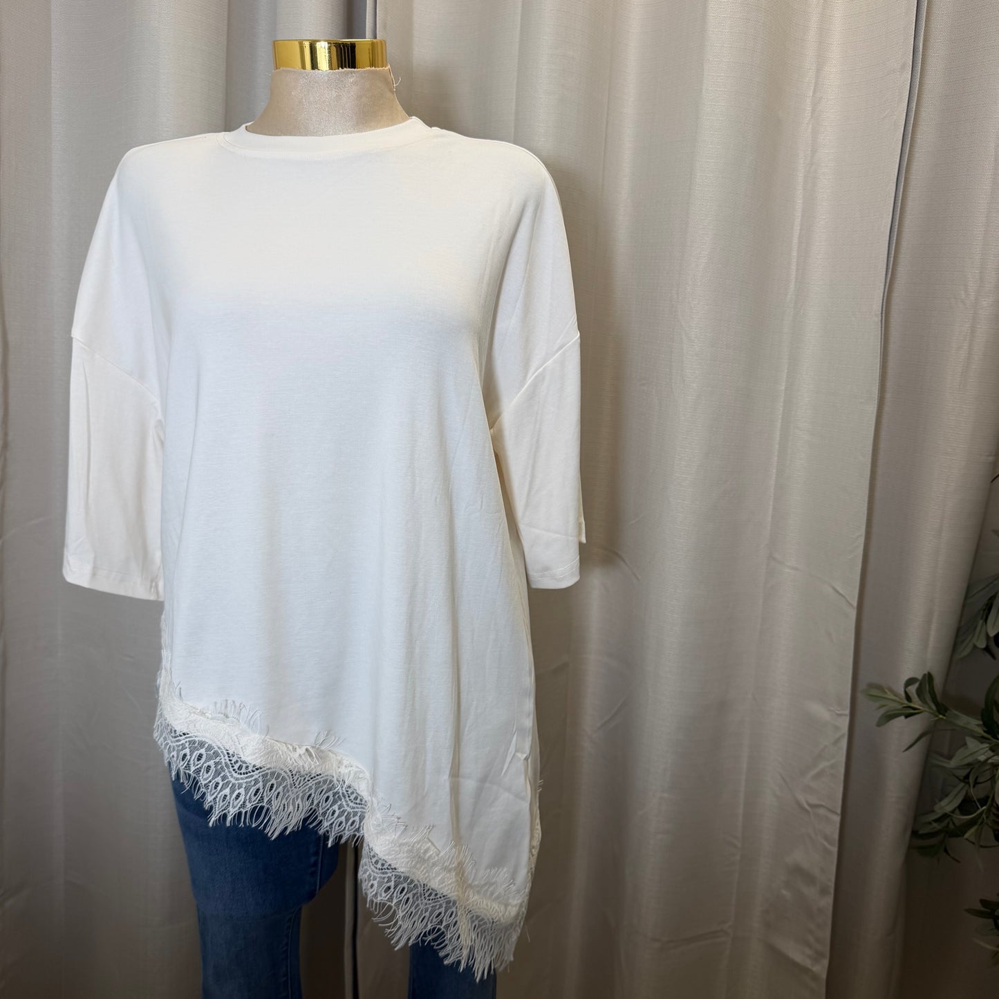 Short sleeve Lace Detail Oversize  Top-Ivory