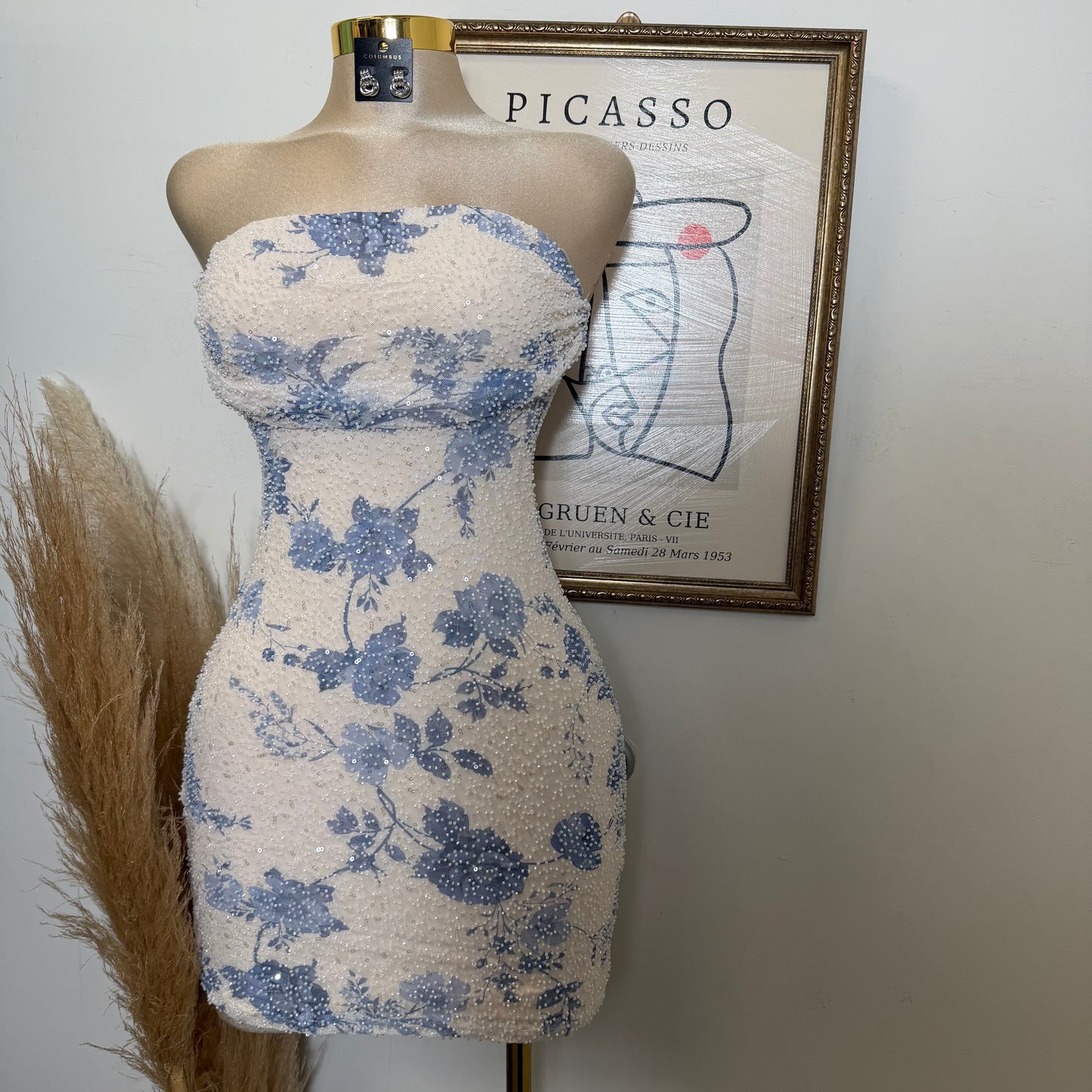 Floral beading pleated bust Bodycon Mini Dress-Ivory/Blue