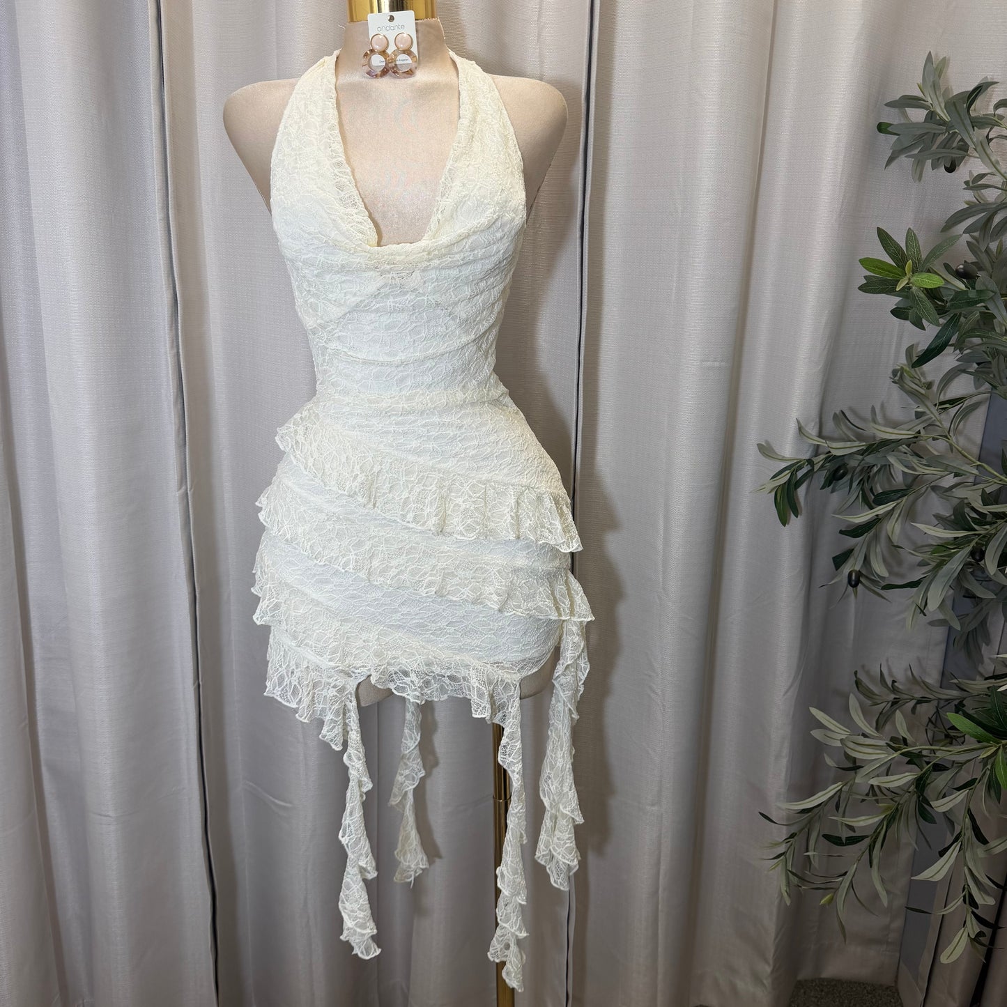Halter lace mini dress with layered skirt-Ivory