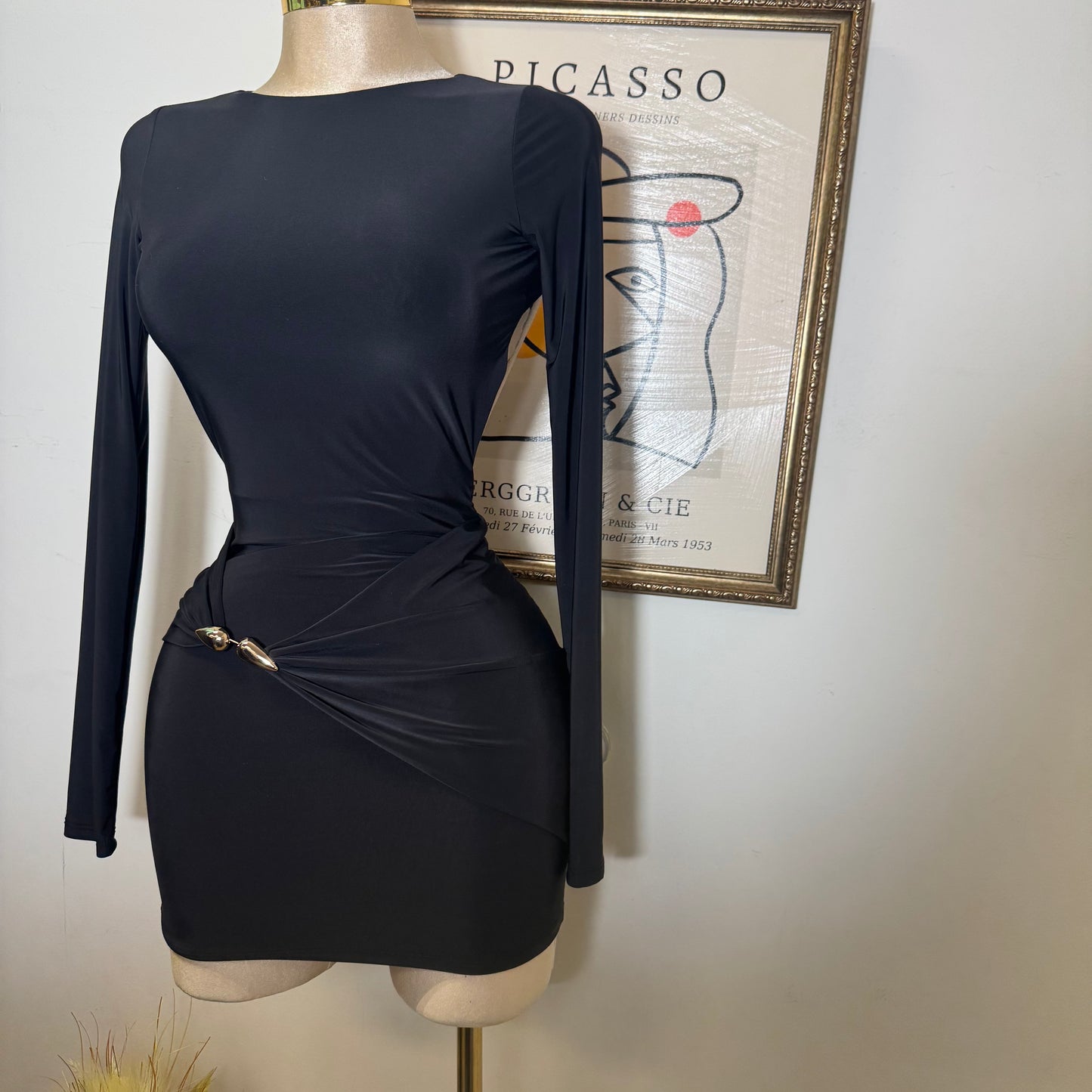 Long Sleeve Drape Trim Detail Mini Dress-Black