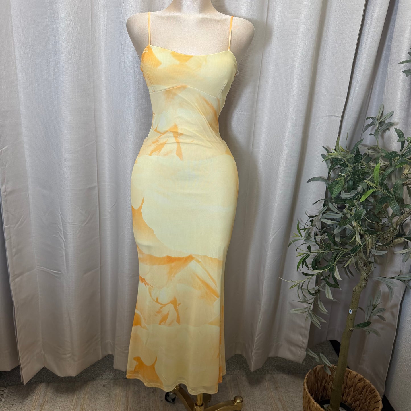 Mesh Spaghetti Mesh Dress-yellow