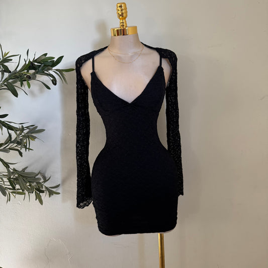 Long Sleeve Bolero Dress Set-Black