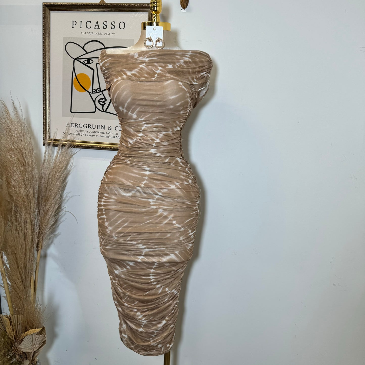 Off Shoulder Mesh Dress-Brown