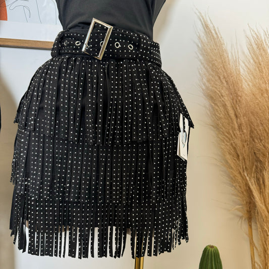 Fringe Skirt With Belt-Black