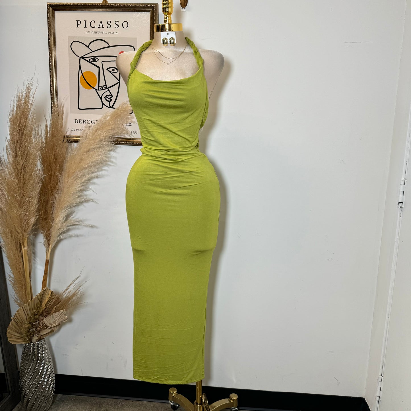Braided Halter Dress-Green
