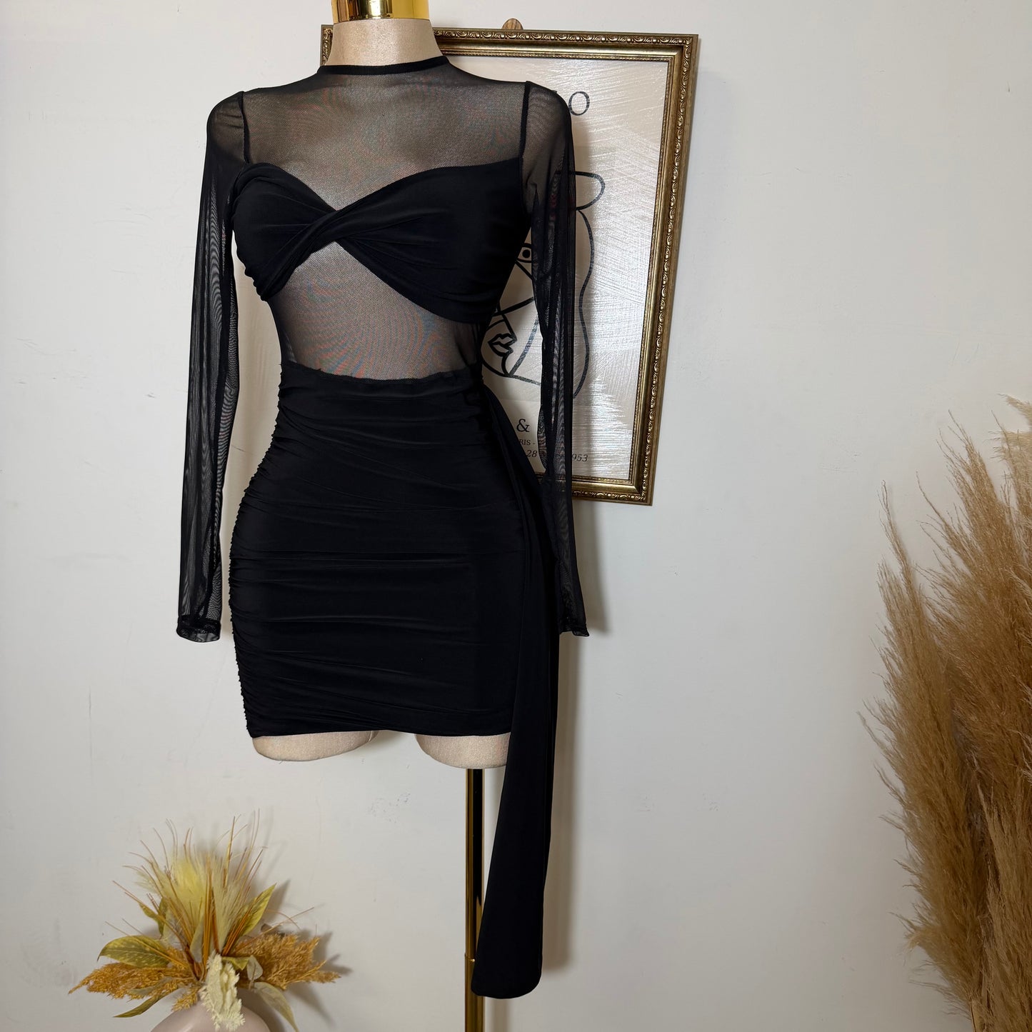 Solid Fabric with Mesh Match Mini Dress-Black